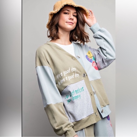 Easel Good Vibes Only Women’s Cardi With Sweats set Gray/Olive Size Small - Picture 4 of 16